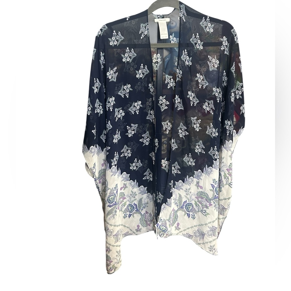 Maurice’s Sheer Floral Pattern Open Kimono - Navy and White One Size